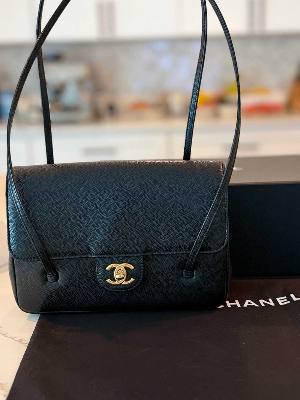 CHANEL Black Leather Shoulder Bag with Gold CC Turn-Lock Coco Nano Preppy